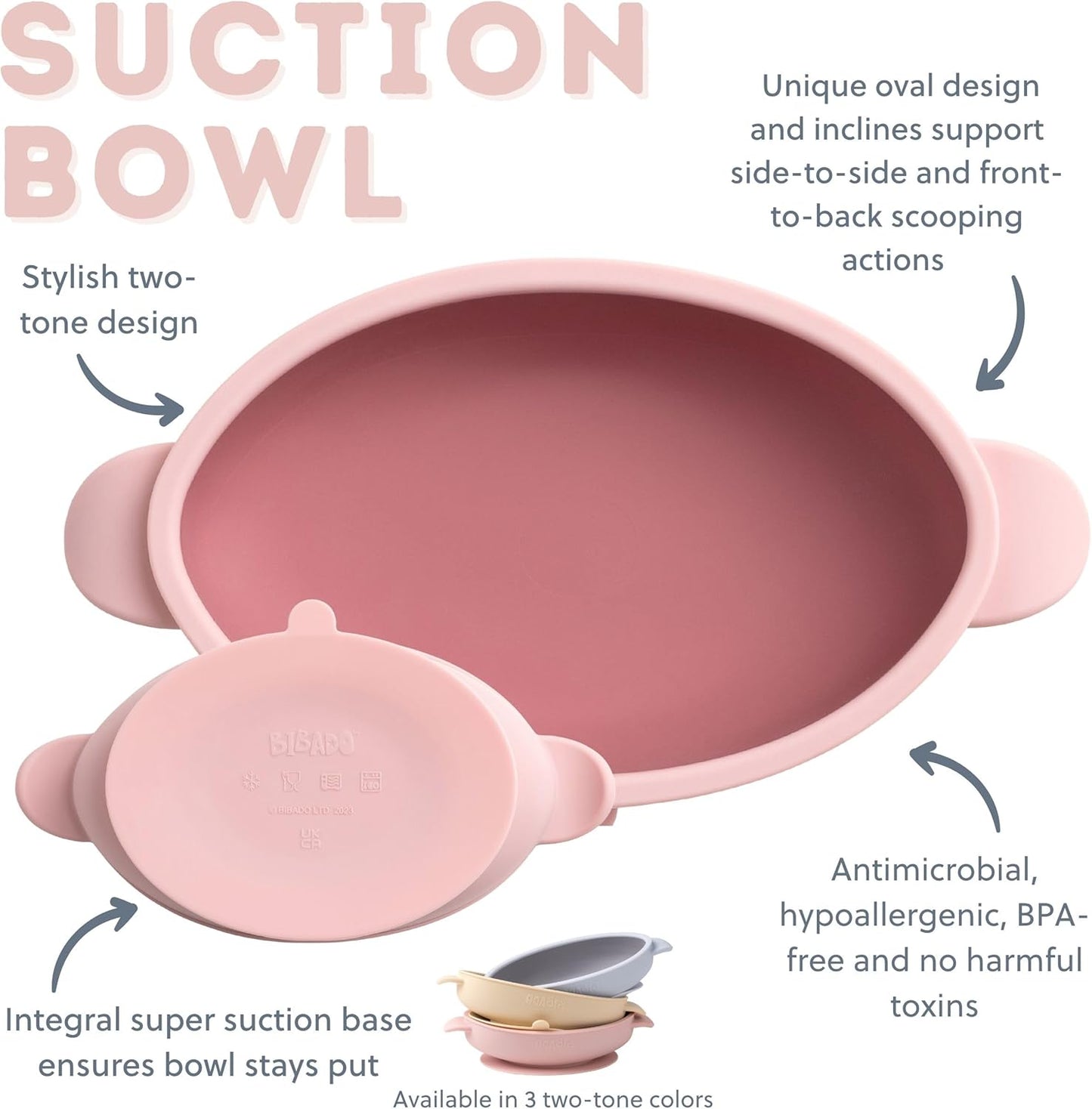 Bibado - Silicone Baby Bowl (Blush) - Stay Put Suction Bowl - Oval Shape - First Meals & Snacks - Durable, Dishwasher & Microwave Safe, BPA Free - Medical Grade - Baby Essentials - 6 Months to 3 Years