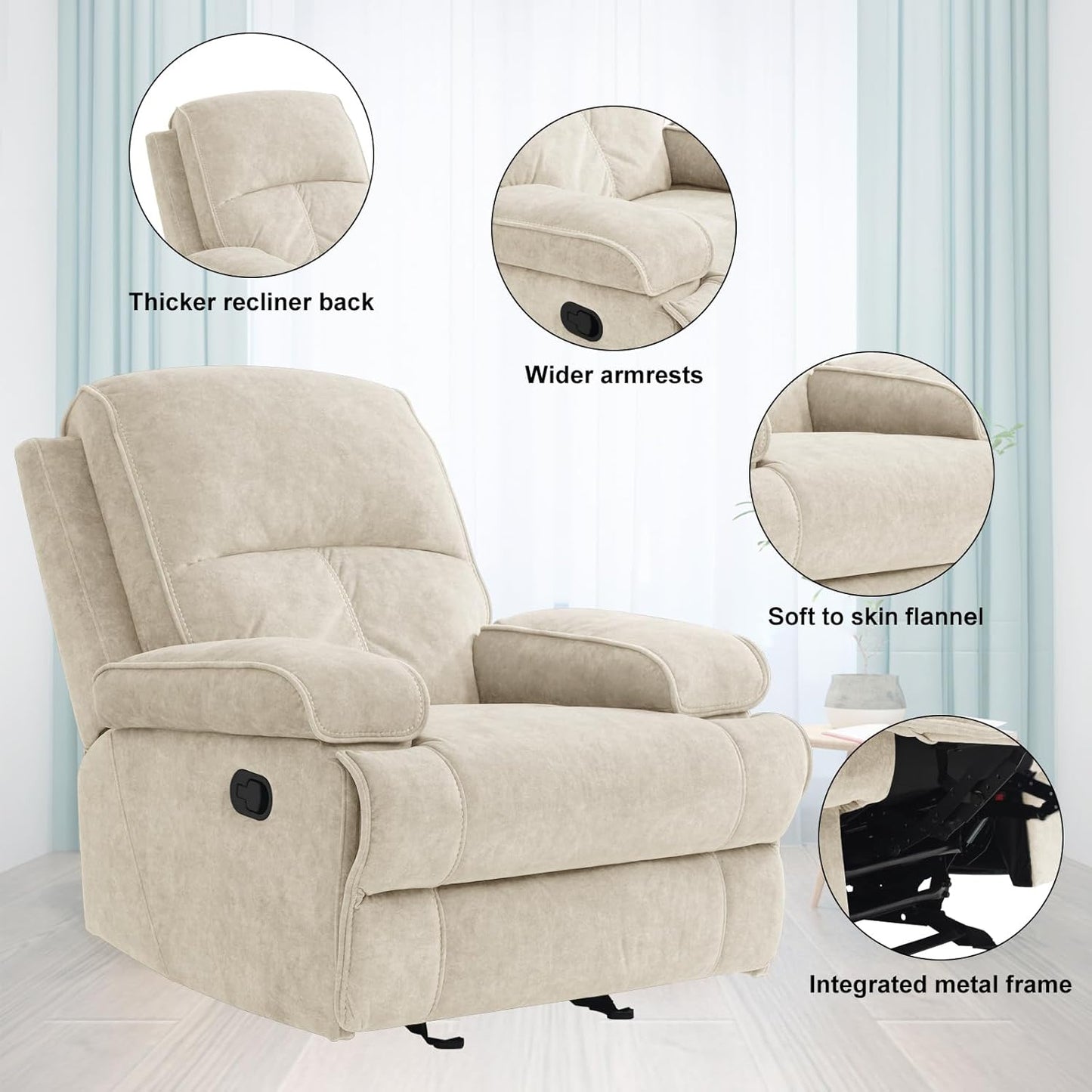 Swivel Rocker Recliner Chair for Adults, High Back Fabric Recliner with Deep Seat, Manual Glider for Living Room & Nursery, Grey