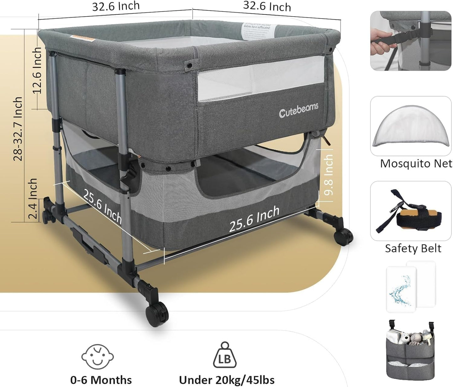 Twin Bassinet for 2 Babies, 3 in 1 Bedside Co Sleeper Double Bassinet for Twins, Rocking Bassinet for Baby with Wheels and Storage Basket, Includes Mattress (Grey)