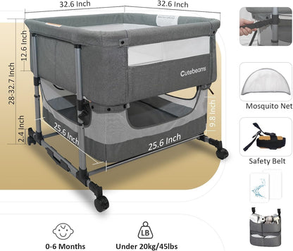 Twin Bassinet for 2 Babies, 3 in 1 Bedside Co Sleeper Double Bassinet for Twins, Rocking Bassinet for Baby with Wheels and Storage Basket, Includes Mattress (Grey)