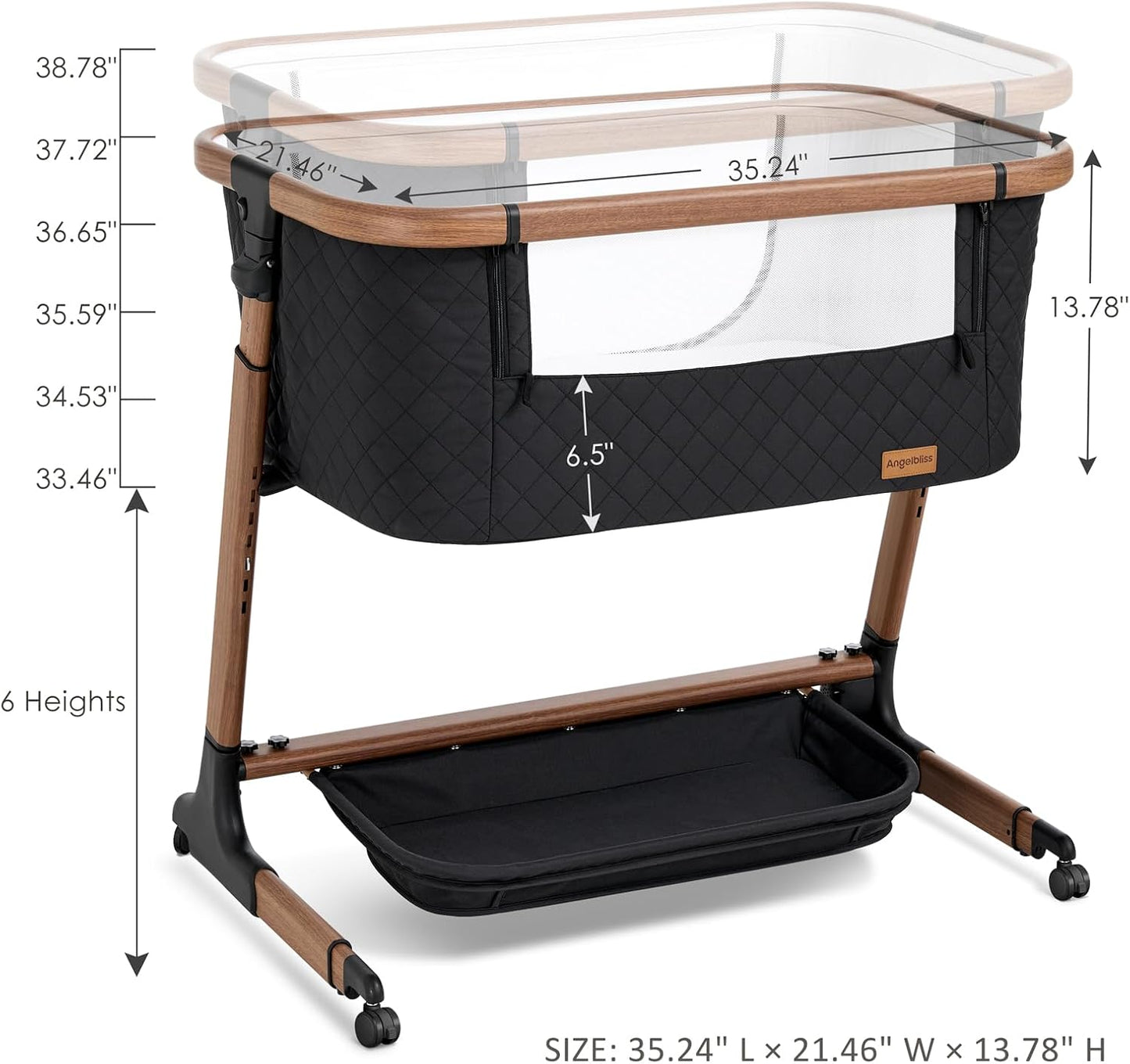 ANGELBLISS Electric Baby Bassinet Bedside Sleeper with Auto Rocking, Remote/Touch Control, 3 Timer Modes, 12 Sounds, 6 Heights, Storage & Wheels (Black) | Breathable Mesh
