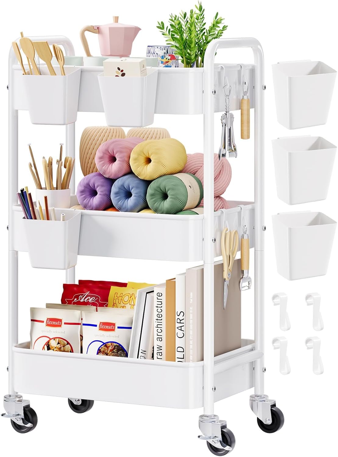 3 Tier Rolling Cart Metal with Lockable Wheels, Pink Three Tiered Diaper Caddy Cart Organizer on Wheels, Storage Utility Trolley Carts for Craft, Art, Nail, Lash, Baby Supplies, Cleaning, Mesh
