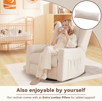 Tbfit Nursery Rocking Chair,360°Swivel Recliner Chair with Lumbar Support for Bedroom, Comfy Upholstered Armchair with Pillows & Footrest for Living Room & Baby Room