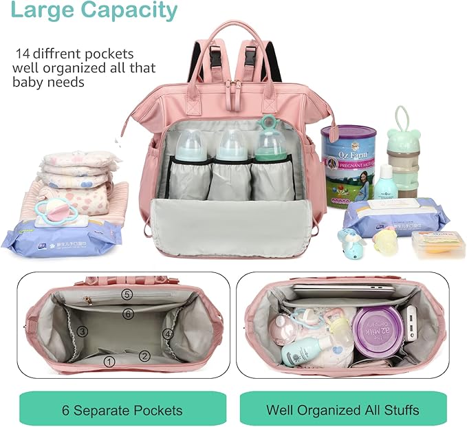 LORADI Large Diaper Bag Tote, 14 Pockets Stylish Baby Bag with Stroller Clips and 3 Insulated Pockets, Baby Shower Essentials