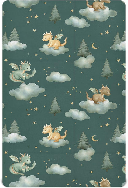 Pfrewn Crib Sheets for Boys Girls Dragon Baby Animals Retro Fitted Crib Sheet for Mini Crib Mattress Stretch Soft Toddler Baby Playard Sheet,39x27IN