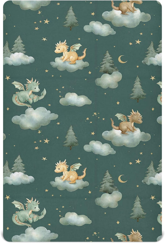 Pfrewn Crib Sheets for Boys Girls Dragon Baby Animals Retro Fitted Crib Sheet for Mini Crib Mattress Stretch Soft Toddler Baby Playard Sheet,39x27IN