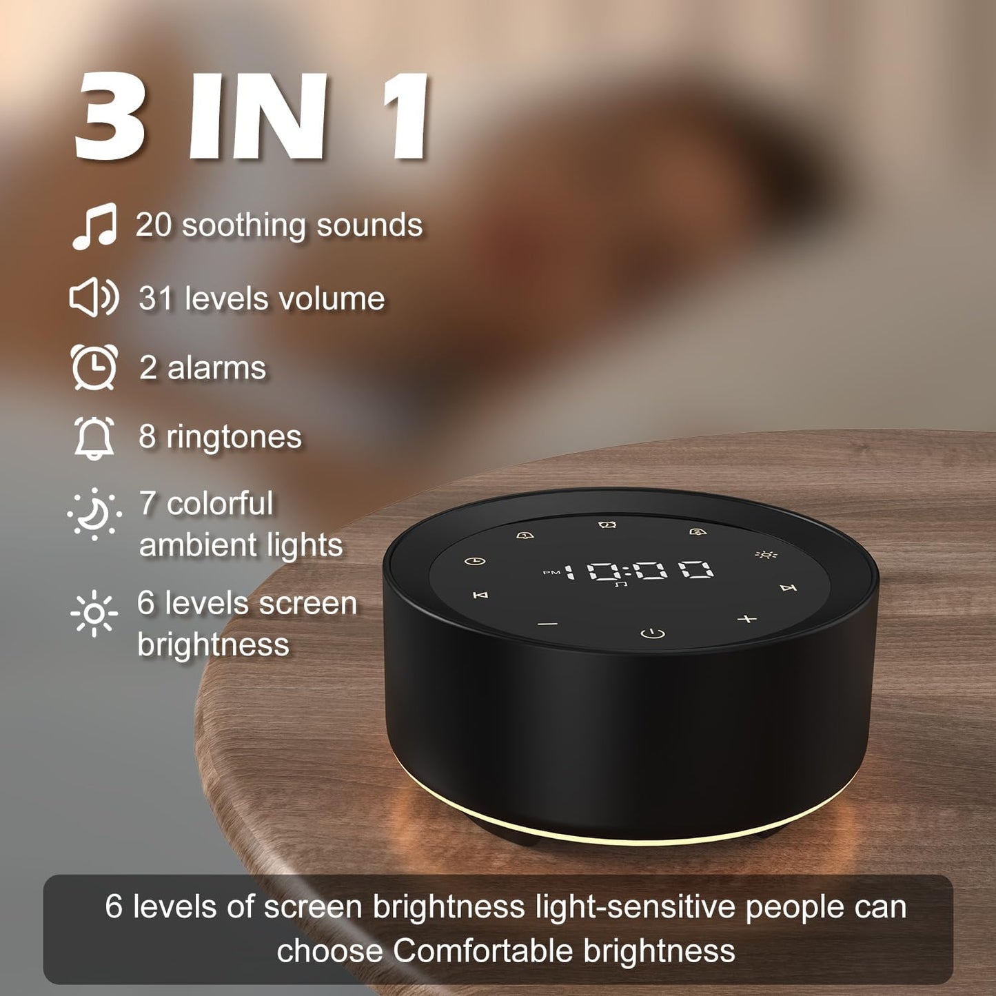 White Noise Machine with Alarm Clock & Night Light for Babies and Adults, 20 Soothing Sounds, Glare-Free Upward Display, Touch Control, Memory Function, 5 Sleep Timers, Black
