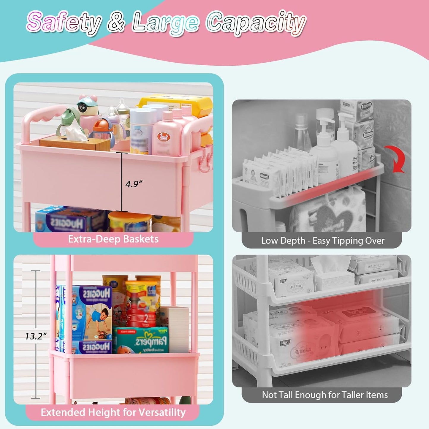 SUNALLY Baby Diaper Caddy Cart, 3 Tier Rolling Diaper Cart with Lockable Wheels for Nursery Essentials, Large Capacity & Easy Assemble Diaper Storage Organizer for Newborn,New Mom, White