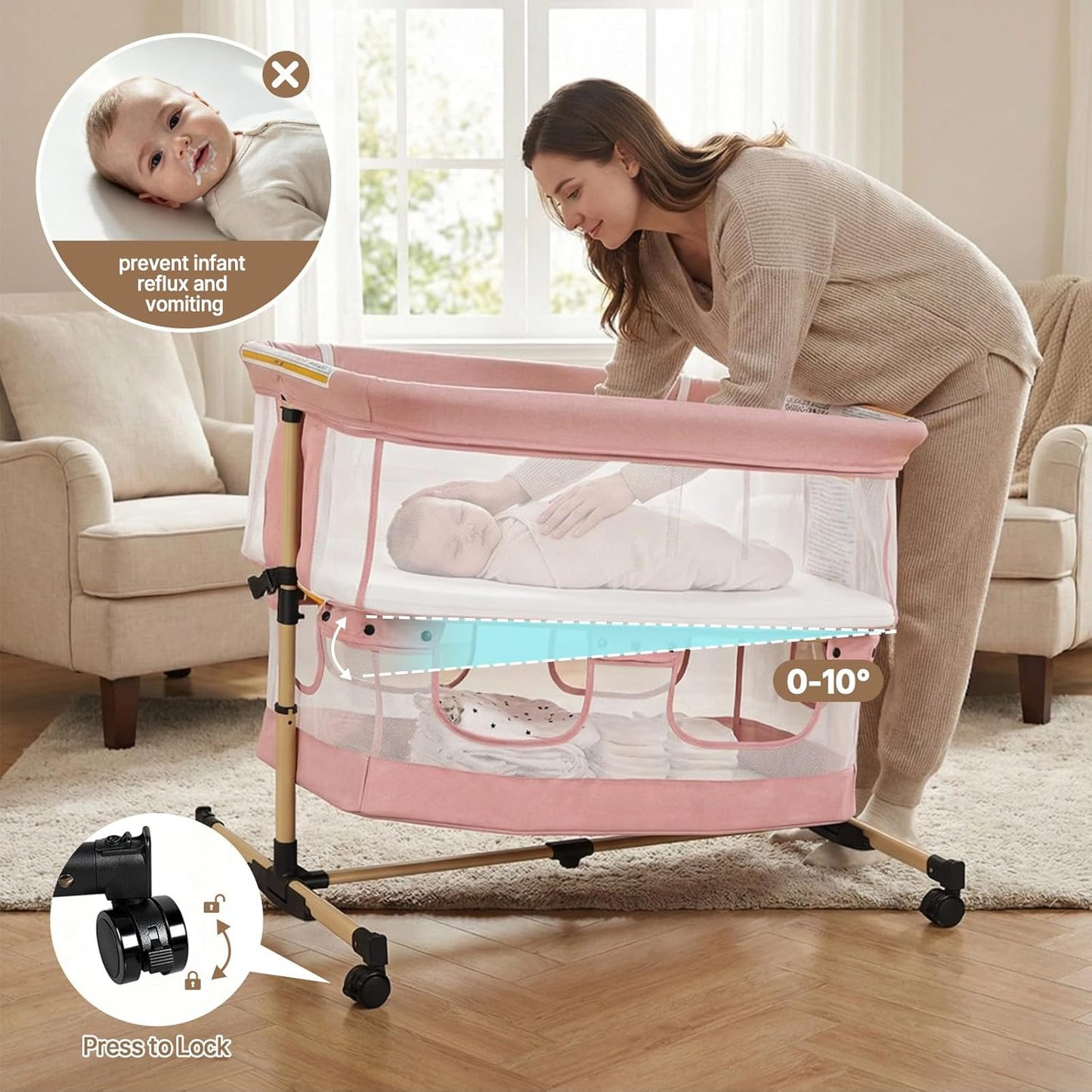 Baby Bassinet, 3 in 1 Infant Bassinet Bedside Sleeper, Bassinet with Cover, Rocking Bedside Bassinet for Baby with Storage Basket, Foldable & Adjustable Travel Crib (Light Pink)