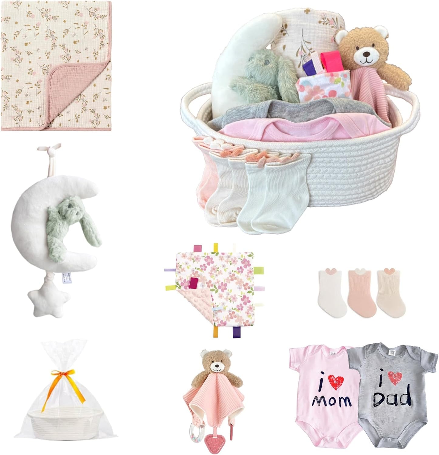 CREVENT Diaper Caddy Organizer, Baby Basket with Handle, Table Organizer for Storage, Portable Car Organizer, Baby Shower Gifts + Gift bag with Ribbon