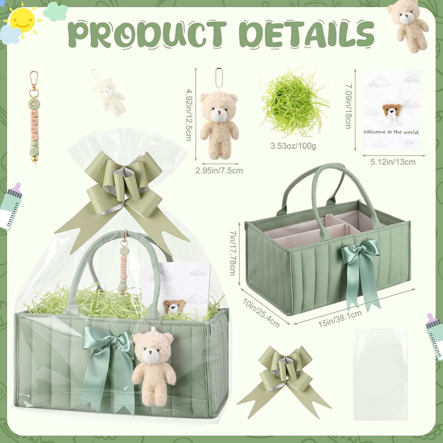 LemonRoad Baby Diaper Caddy Organizer Stylish Newborn Essentials Tote Bags with Bear Plush, Daisy Keychain, Greeting Card - Ideal Baby Shower Gift & Registry Must-Have (Sage Green)