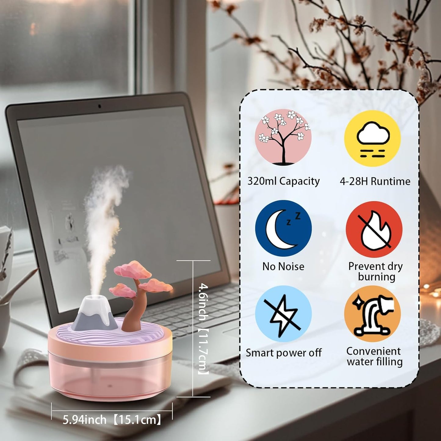 Cute Mini Humidifier 320mL Cool Mist Humidifie mute with 2 Mist Modes,for Home/Nursery/Office,Portable Mini Air Moisturizer,rechargeable mini humidifier(Gardenia pink)
