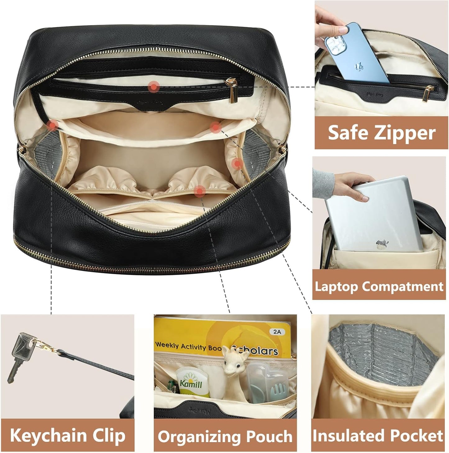 miss fong Diaper Bag Backpack Baby Diaper Bag for baby boy and girls, Leather Baby Bag with 13 diaper bag organizing pouches, Changing Pad, Stroller Straps and 4 Insulated Pockets(Black)