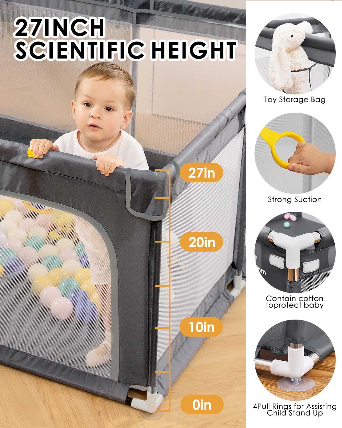 Baby Playpen with Mat, 71" x 59" Extra Large Play Yard for Babies and Toddlers, Baby Fence with Soft Thick Play Mat, Indoor Safety Activity Center for Infants, Easy to Assemble and Clean（Gray）