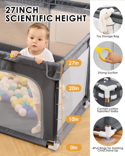 Baby Playpen with Mat, 71" x 59" Extra Large Play Yard for Babies and Toddlers, Baby Fence with Soft Thick Play Mat, Indoor Safety Activity Center for Infants, Easy to Assemble and Clean（Gray）