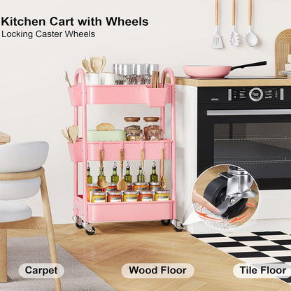Beige 3 Tier Rolling Cart Metal on Wheels, Three Tiered Storage Organizer Utility Trolley with Wheels for Art, Craft, Baby Diaper Caddy, Snack, Book, Nail, Lash, Cleaning Supplies, Kitchen, Bathroom