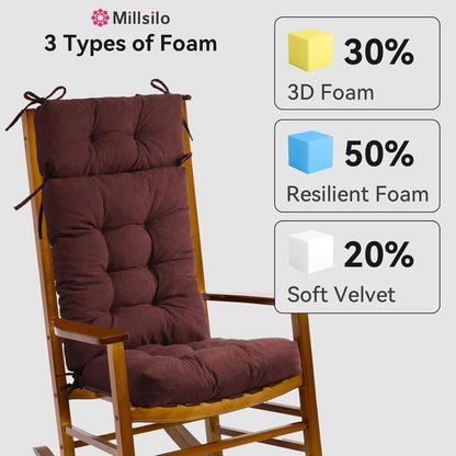Millsilo Rocking Chair Cushions 3-Piece Set with Neck Pillow, Indoor Rocker Comfortable Tufted Non-Slip Pads with Ties, High-Density Foam Cushion for Adirondack Glider Chair, Orange, 52 x 19 x 4 Inch