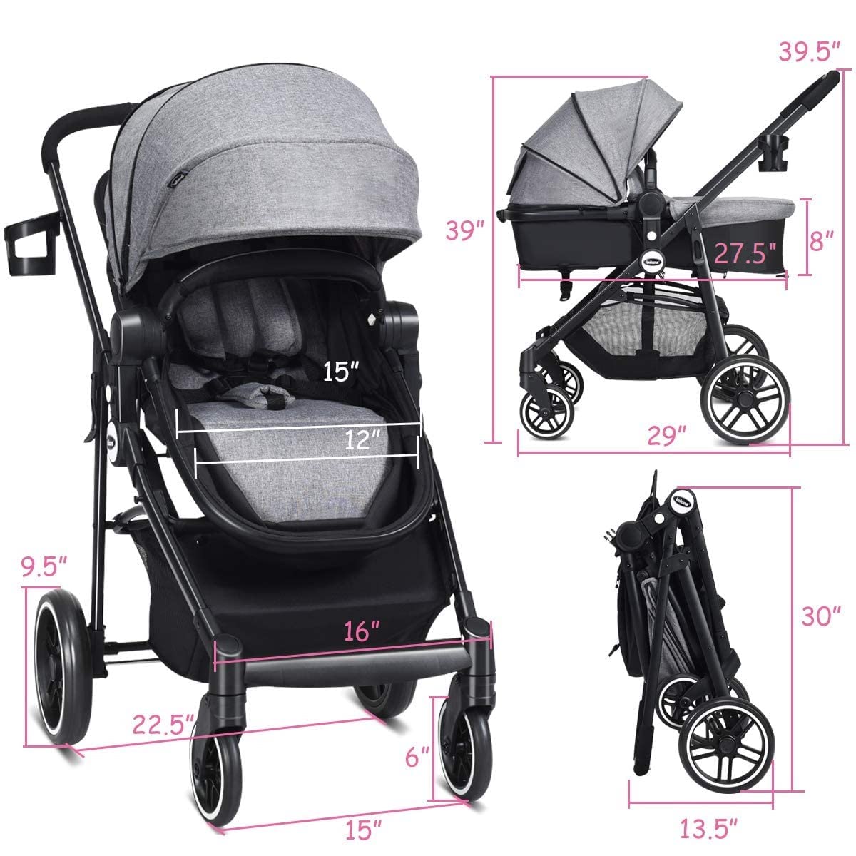 INFANS 2 in 1 Baby Stroller, High Landscape Infant Stroller & Reversible Bassinet Pram, Foldable Pushchair with Adjustable Canopy, Storage Basket, Cup Holder, Suspension Wheels (Black)