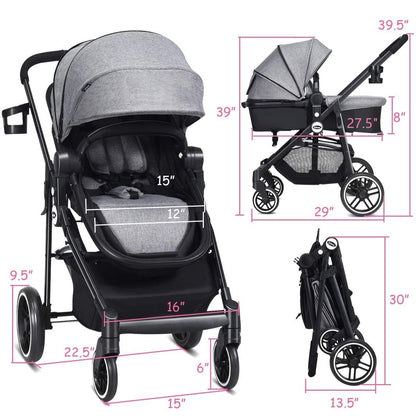 INFANS 2 in 1 Baby Stroller, High Landscape Infant Stroller & Reversible Bassinet Pram, Foldable Pushchair with Adjustable Canopy, Storage Basket, Cup Holder, Suspension Wheels (Black)