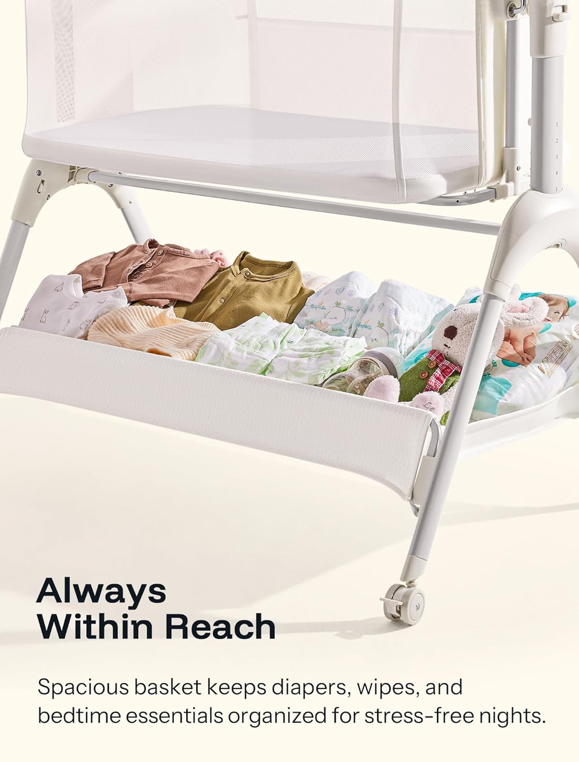 HARPPA Cuddly Sway Baby Bassinet Bedside Sleeper, 3 in 1 Rocking Bassinet with Mattress and Soft Cover, Full Mesh Sides, 5 Height Adjustable with Wheels for Newborns, Beige