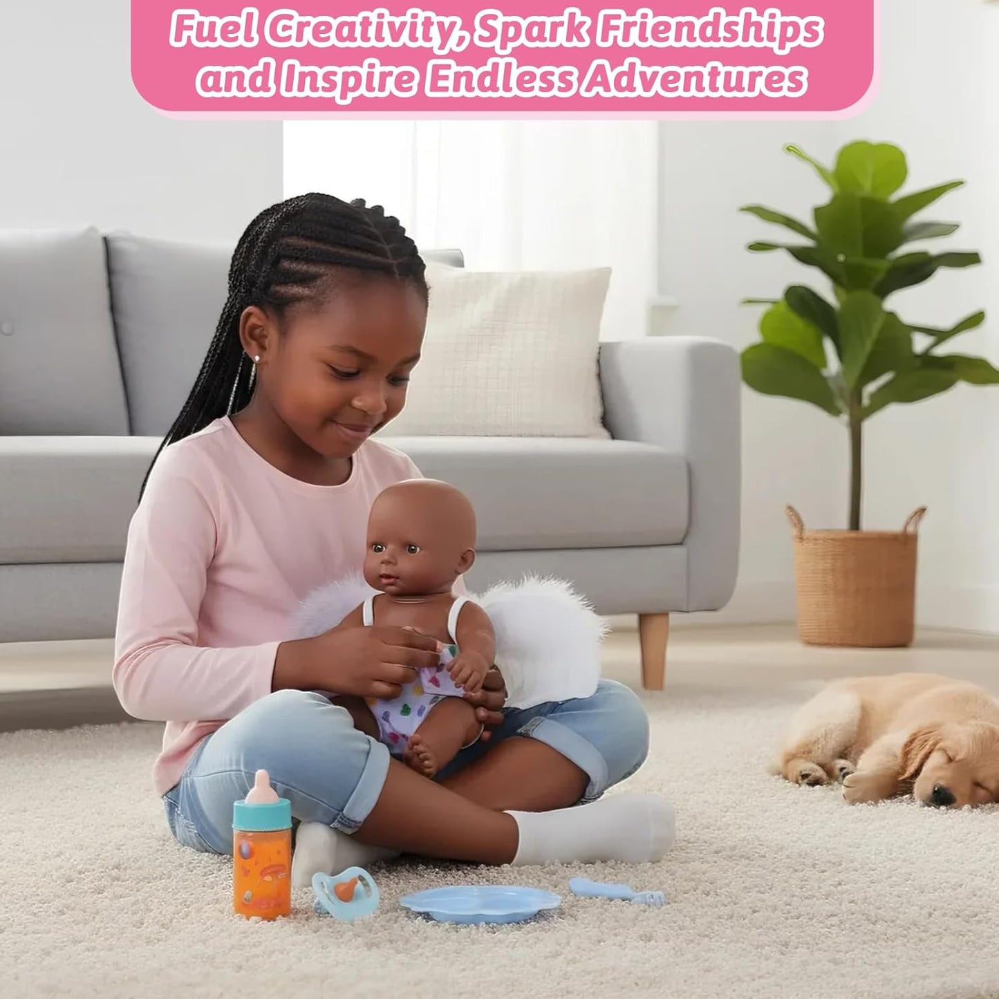 CARANOVO Baby Doll Accessories Set – 7 Pcs Feeding and Caring Set with Magic Disappearing Bottles, Pacifier, Diapers and Bibs Doll Pretend Play Gift for Kids