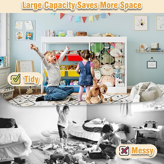 50.6" W X 39.4" H Toy Organizer, Large Toy Storage with 153L Stuffed Animal Storage for 80+ Medium Plushies, 6 Plastic Removable Bins, Toy Organizer Shelf for Girls Boys Playroom, Kids Room