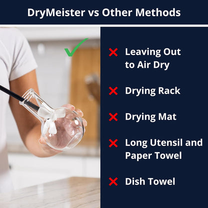Drying Wand - Narrow Container Dryer (>1.25" Opening) - Water Bottle, Carafe, Wine Glass, Champagne Flute, Hydration Backpack Bladder, Reusable Bags - Rack Alternative. Patented.