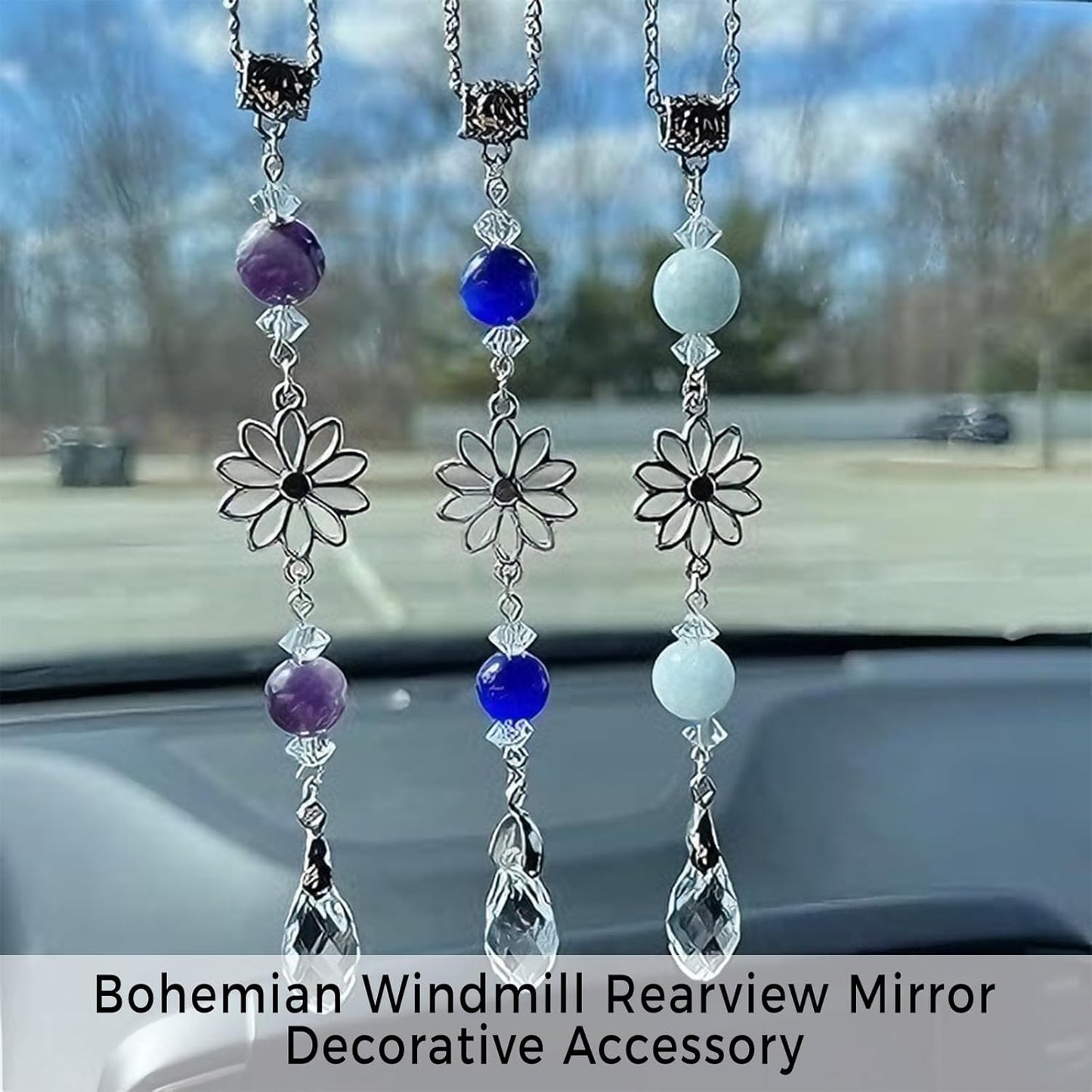 Boho Crystal Prism Rearview Mirror Charm, Rainbow Sun Catcher Hanging Car Charm Accessory, Alloy & Crystal Car Ornament for Women Men, Gift of Joy & Protection,Blue