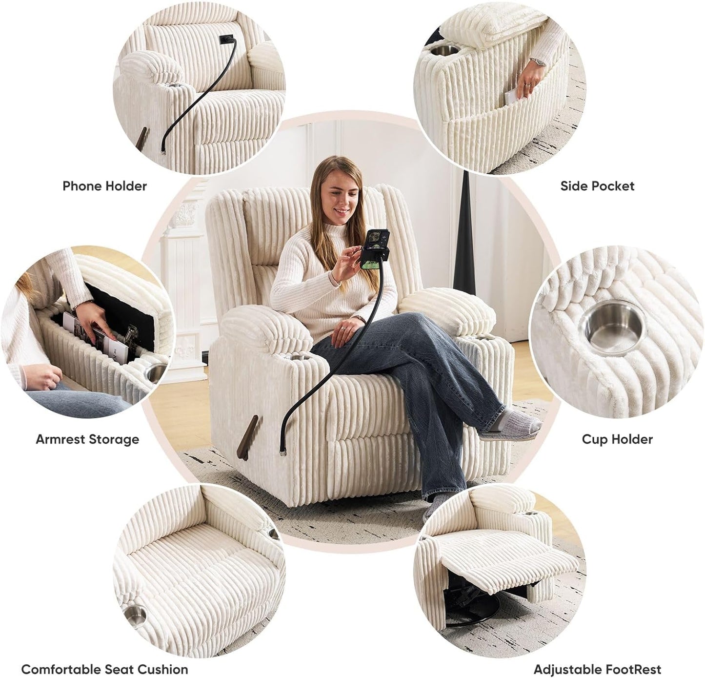 Oversized Power Recliner Chair with Massage and Heat, Swivel Rocker Recliner Chair for Adults with Arm Storage, Nursery Glider Recliner with Adjustable Headrest and Phone Stand, Side Pockets, Beige