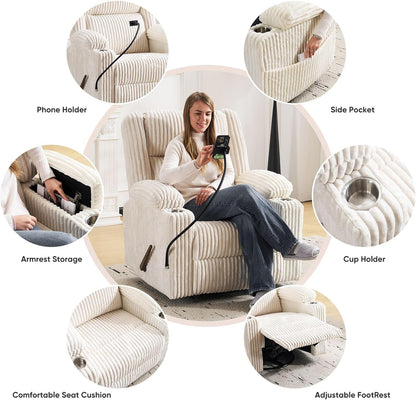 Oversized Power Recliner Chair with Massage and Heat, Swivel Rocker Recliner Chair for Adults with Arm Storage, Nursery Glider Recliner with Adjustable Headrest and Phone Stand, Side Pockets, Beige