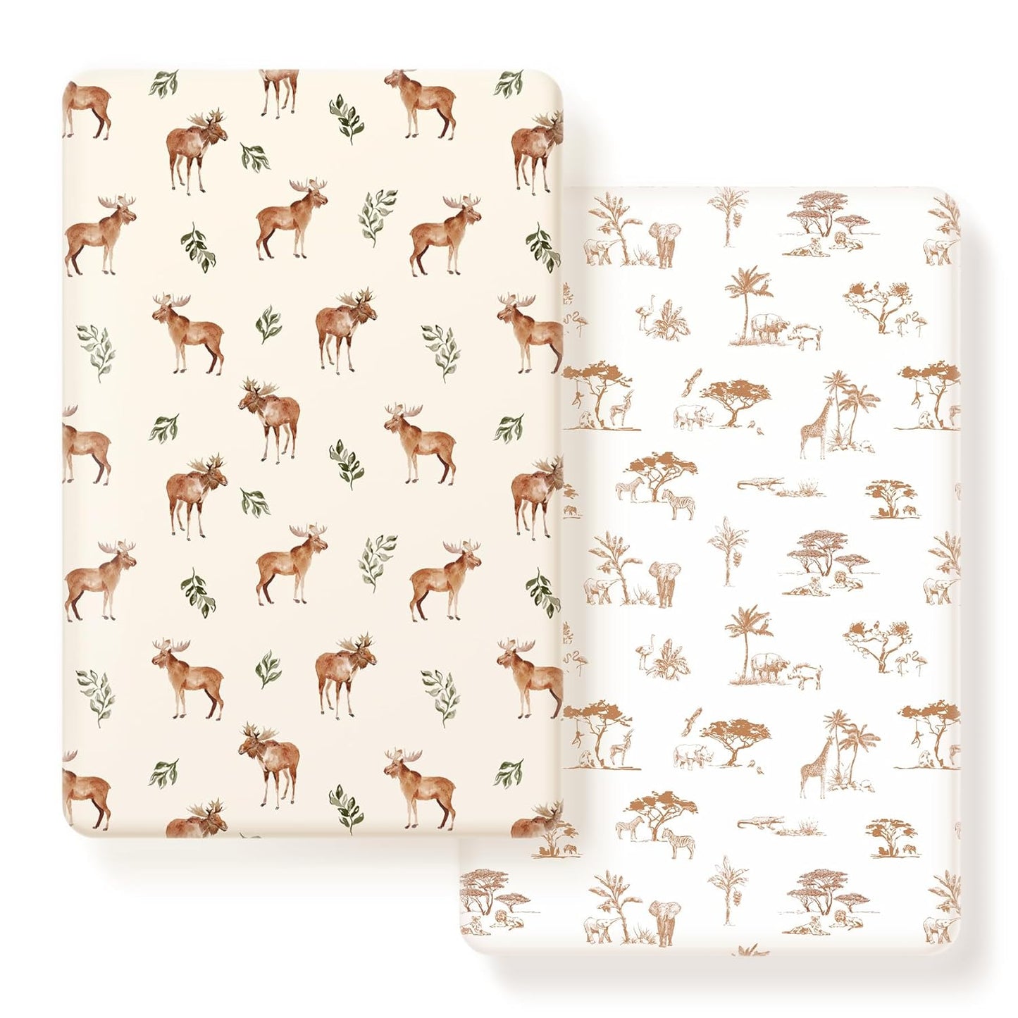GRSSDER Stretch Ultra Soft Jersey Knit Fitted Pack n Play Playard Sheets Set 2 Pack，Fits Portable/Mini Cribs Sheets, Playards Mattress Pads, Stylish Watercolor Animals for Baby, Mint Green
