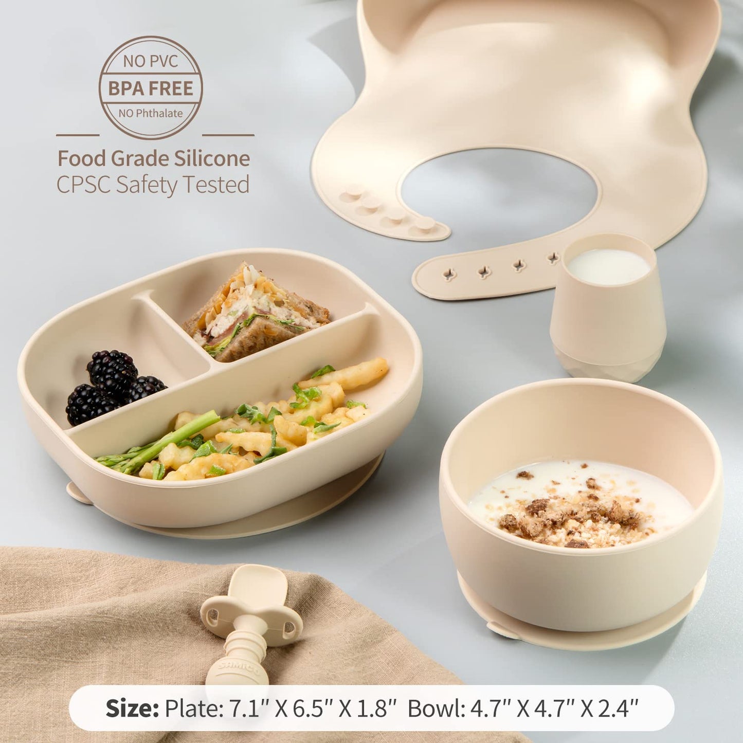 SAMiGO Silicone Baby Feeding Set, Baby Led Weaning Supplies, Suction Bowl Plate Bib Cup Self Feeding Spoons, Solid Food Eating Essentials, First Stage Utensils, 6+ Months