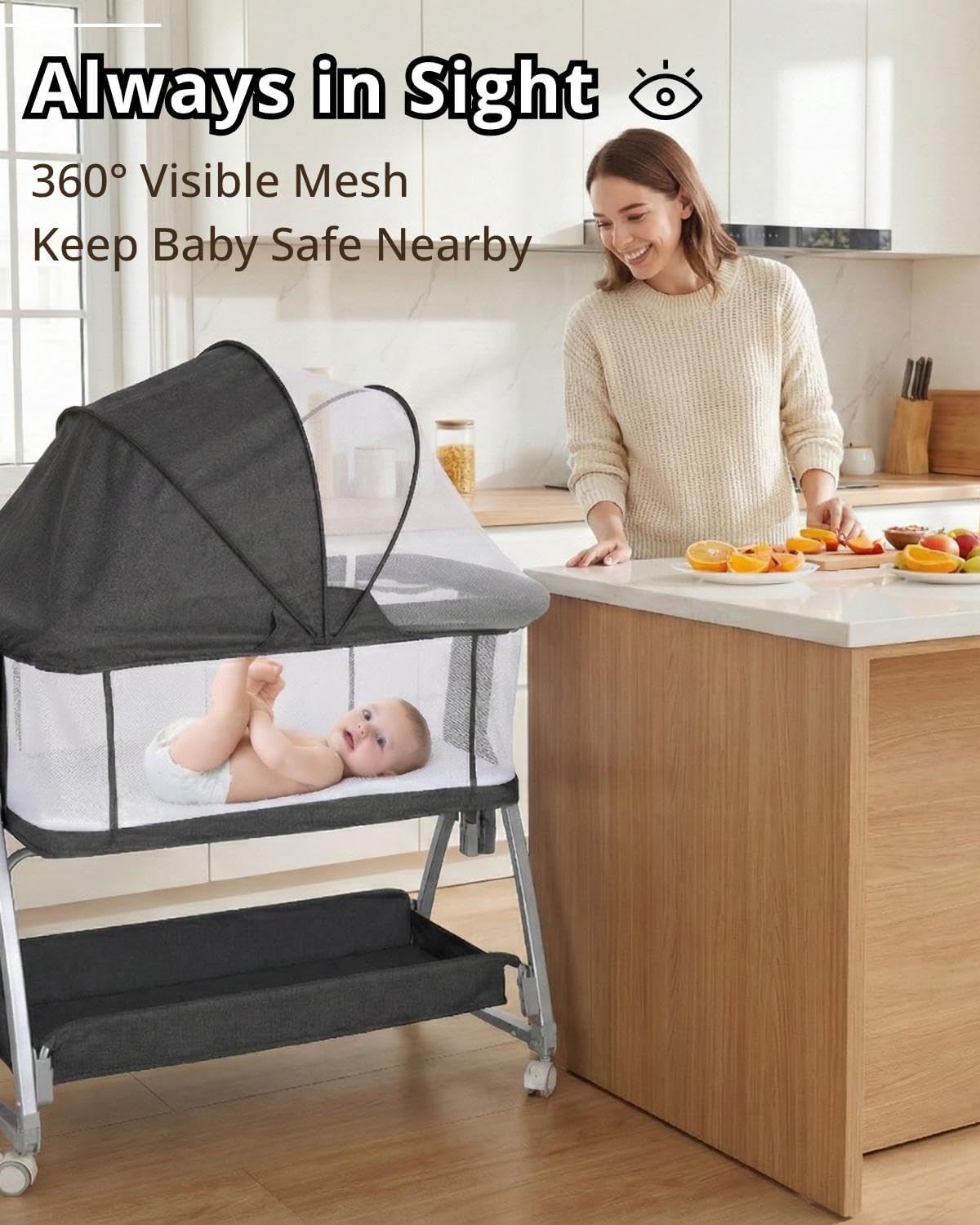 Bedside Bassinet for Baby, Sturdy 3 in 1 Bedside Sleeper with Mattress & Wheels, Height Adjustable, Breathable Mesh, Storage Basket, Easy to Assemble for Newborn, Grey