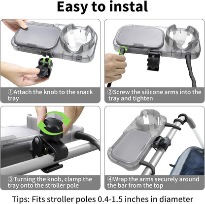 Universal Stroller Snack Tray, 3-in-1 Cup Holder Tray with Clamp & Silicone Arms Grip & Detachable Silicone Tray, Stroller Tray Attachment for Toddler & Kids, Snacking On The Go