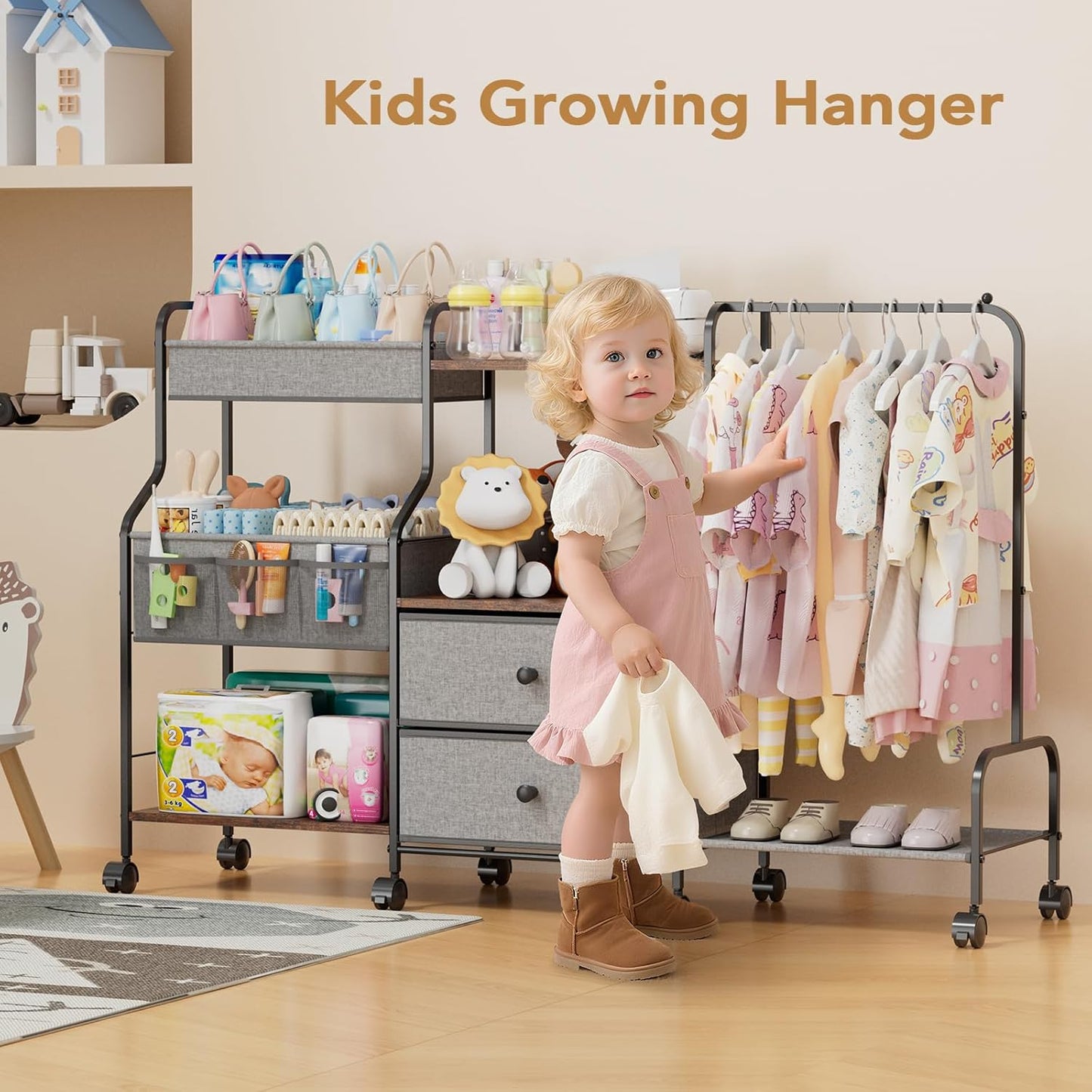 BBLIKE Diaper Caddy Organizer with Hanging Rack - 3 Tier Rolling Utility Cart with Drawers and Dividers for Baby Bottle Storage - Bedside Cart for Changing Station, Crib, Nursery, Bedroom, Beige