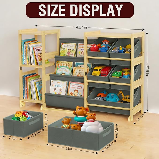 Kids Bookshelf and Toy Storage Organizer with 3-Tier Book Display and Shelves, Kids Toy Organizers and Storage with Bins, Book Shelf for Kids Rooms, Playroom Decor for Toddler Bedroom Nursery