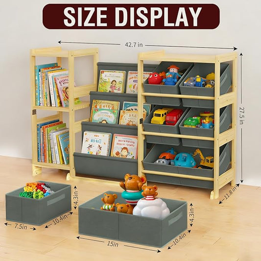 Kids Bookshelf and Toy Storage Organizer with 3-Tier Book Display and Shelves, Kids Toy Organizers and Storage with Bins, Book Shelf for Kids Rooms, Playroom Decor for Toddler Bedroom Nursery