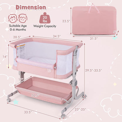 BABY JOY Bassinet, Bedside Crib w/ 6-Level Adjustable Height, Storage Shelf, Wheels, Mattress & Carry Bag for Safe Co-Sleeping, Folding Bassinet Bedside Sleeper for Newborn Infants (Gray)