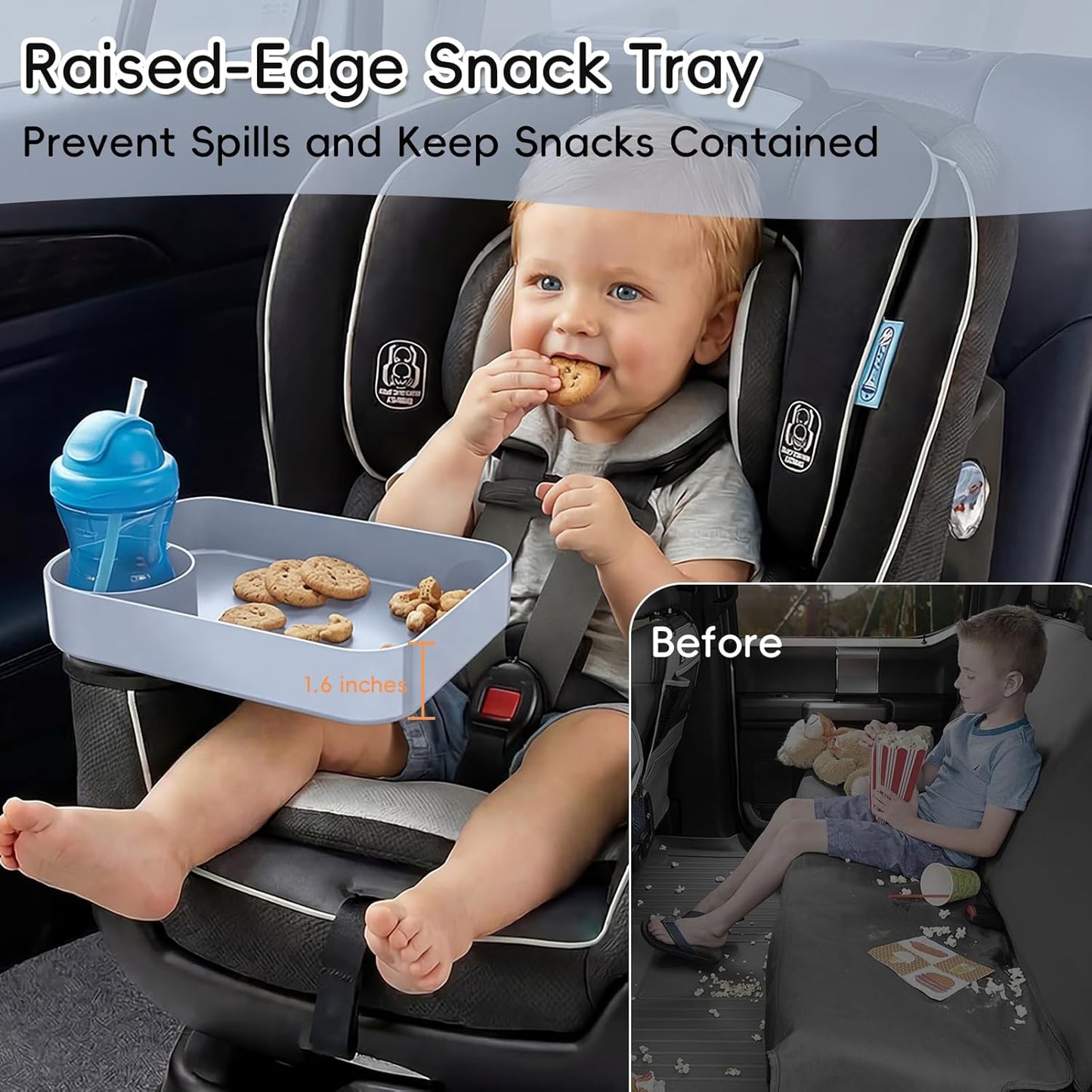 Kids Car Seat Tray, Travel Tray with Cup Holder for Toddler Baby, Kids Car Seat Food Snack Organizer for Road Trip, Stroller Snack Organizer Travel Must Haves Toddler Must Haves (Dark Gray, 1PCS)