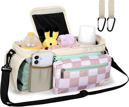 Universal Stroller Organizer with Insulated Cup Holders and Detachable Phone Bag,Stroller Caddy Fits for Stroller Accessories like Uppababy, Baby Jogger, Doona, Nuna Stroller (Green Square grid)