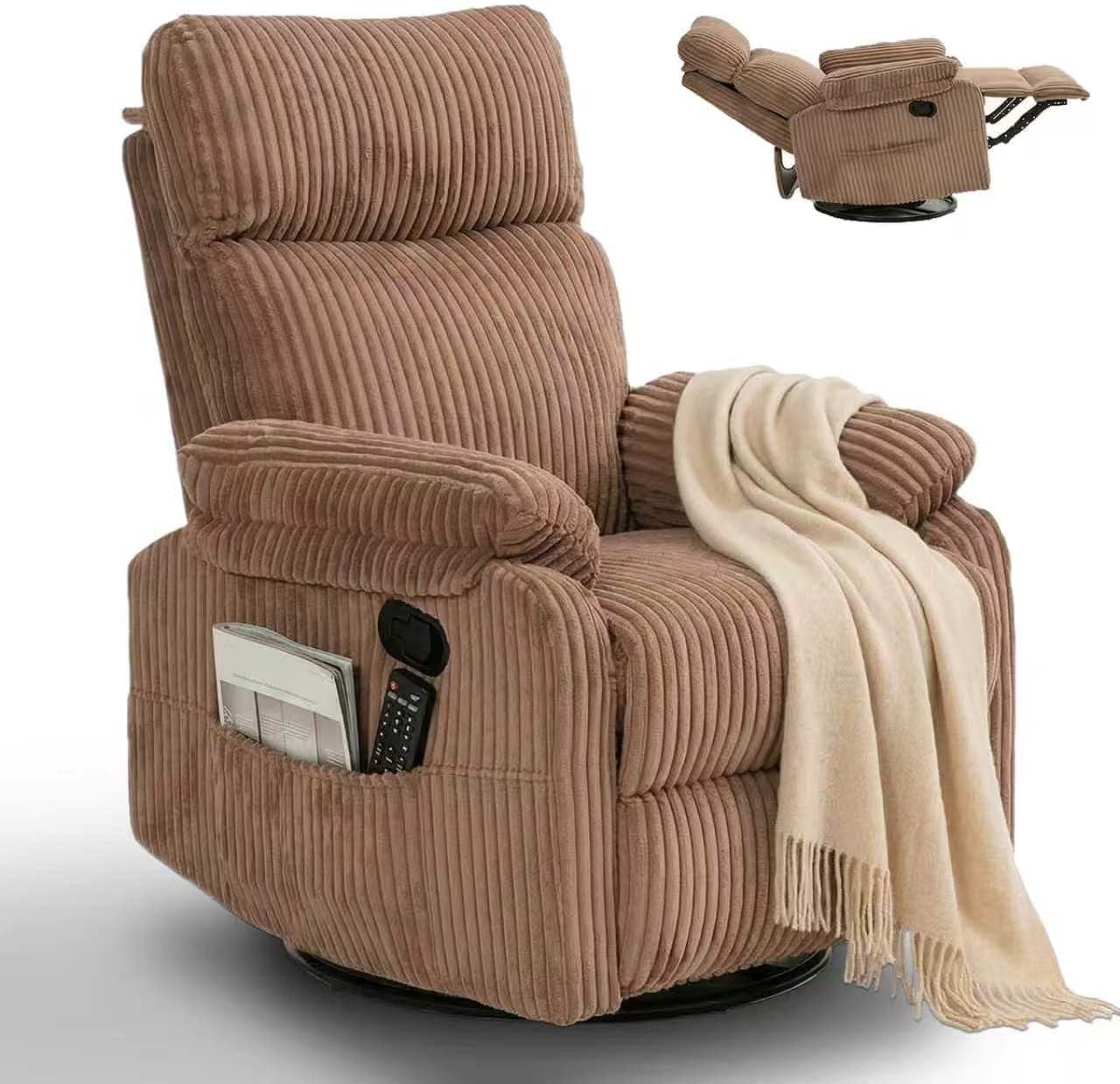 Manual Small Recliner Rocking Chair for Nursery/Relaxation, Corduroy Swivel Glider Recliner for Living Room Bedroom, Brown Rocking Chair Nursery Recliners for Small Spaces, Side Pockets (Brown)
