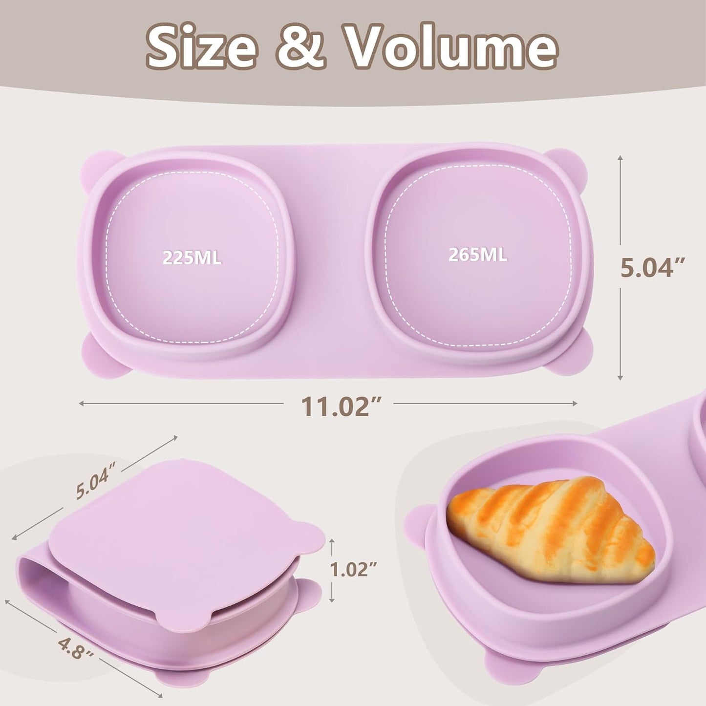 Baby Plates with Suction with Forks and Spoons, Foldable Silicone Toddler Plates, Baby Travel Essential, Microwave & Dishwasher Safe, Purple