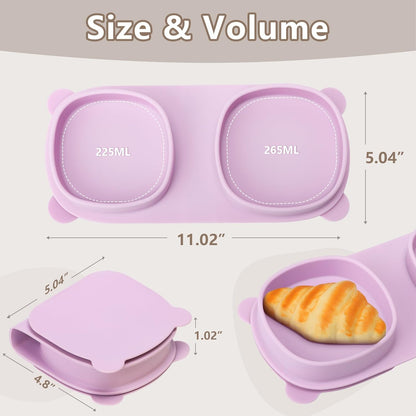 Baby Plates with Suction with Forks and Spoons, Foldable Silicone Toddler Plates, Baby Travel Essential, Microwave & Dishwasher Safe, Purple