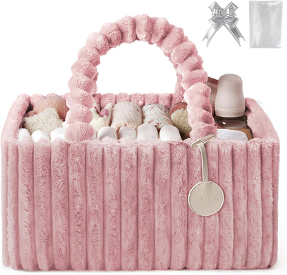 Blissful Diary Flannel Diaper Caddy Organizer, included Gift Packaging, Cozy Nursery Storage Basket, Gift for Baby Shower, Newborn Essentials, Blush Pink