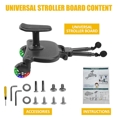 2026 New-Universal Stroller Board with Detachable Seat, 2in1 Sit and Stand Stroller Connectors for Most Strollers, Holds Children Up to 55 LBs Stroller Standing Board(Black)