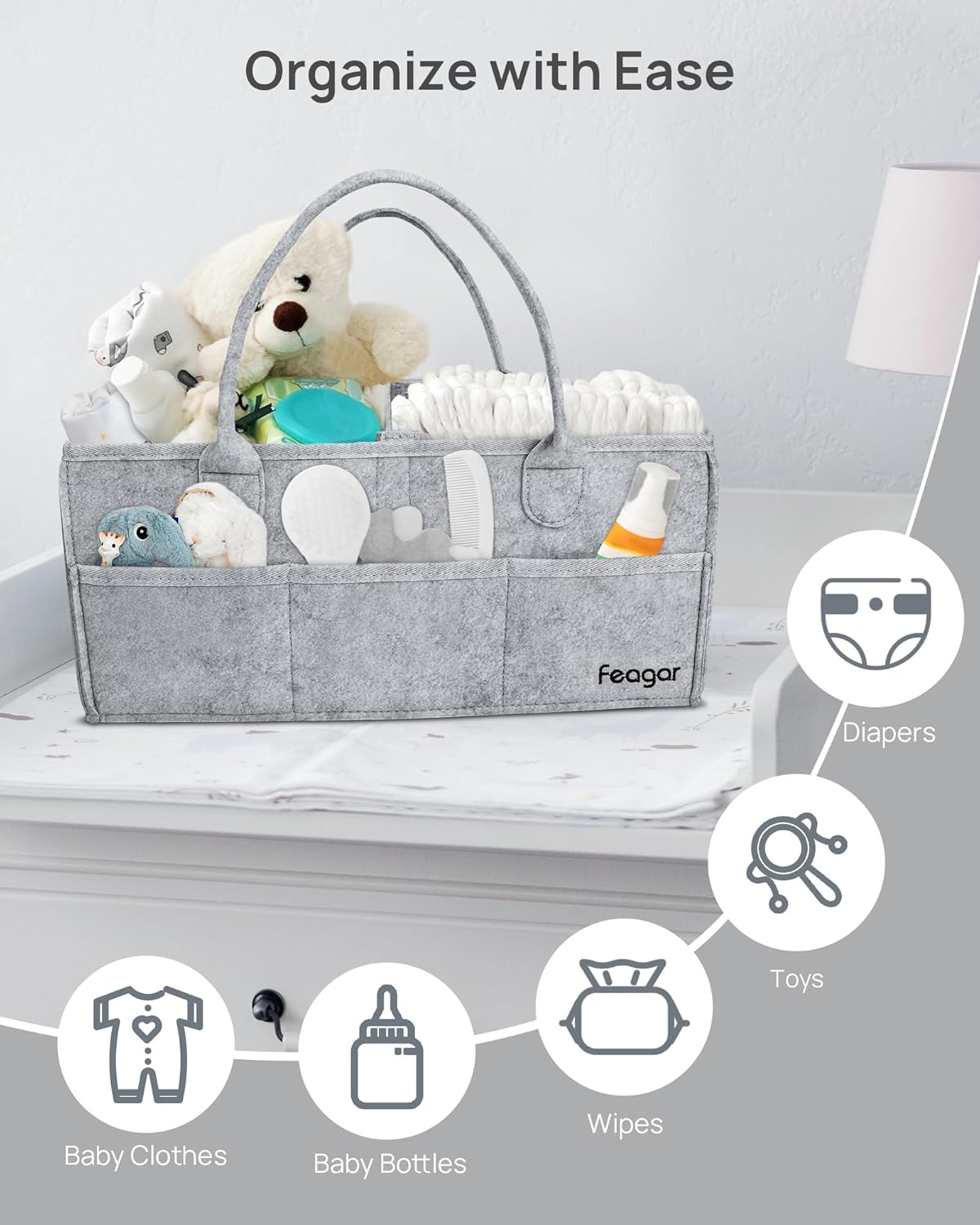Feagar Baby Diaper Caddy Organizer, 15 Inch Large 2 Pack Set with 8 Pockets & 2 Dividers, Portable Nursery Storage Basket & Car Organizer for Changing Table, Travel (Pink)