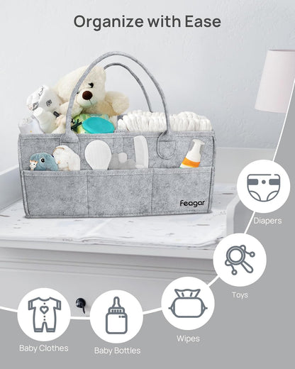 Feagar Baby Diaper Caddy Organizer, 15 Inch Large 2 Pack Set with 8 Pockets & 2 Dividers, Portable Nursery Storage Basket & Car Organizer for Changing Table, Travel (Pink)