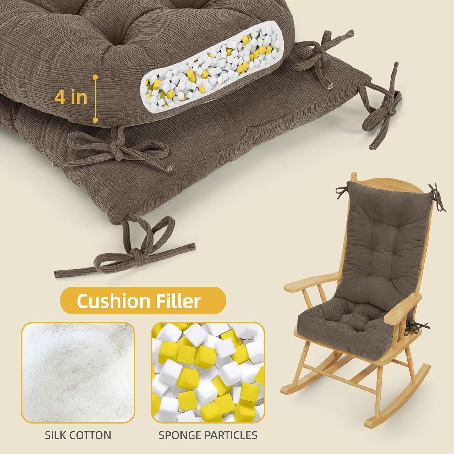 Millsilo Rocking Chair Cushions 3-Piece Set with Neck Pillow, Indoor Rocker Comfortable Tufted Non-Slip Pads with Ties, High-Density Foam Cushion for Adirondack Glider Chair, Orange, 52 x 19 x 4 Inch