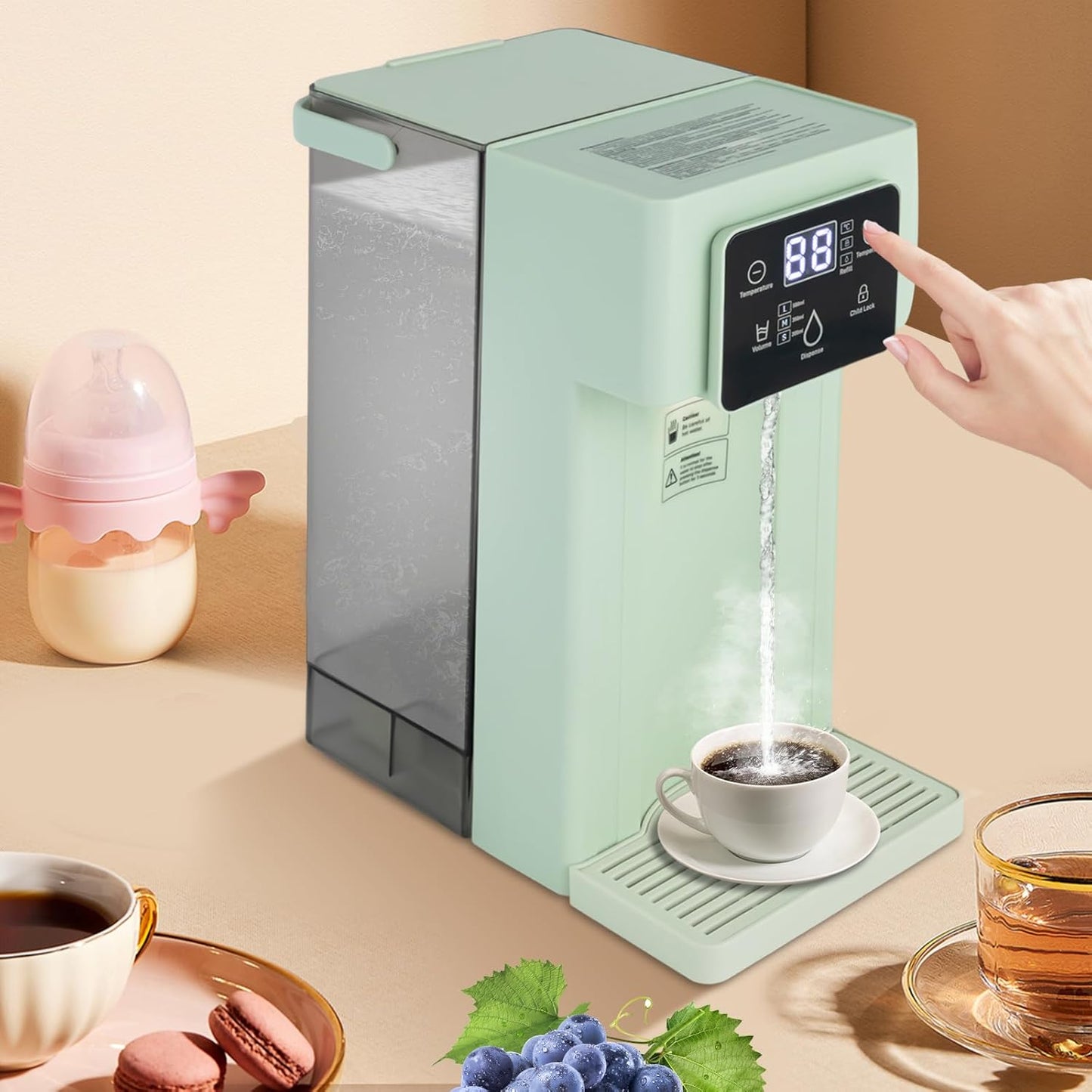 Instant Water Dispenser, 1500 Watt Fast Heating Countertop Water Dispenser, Adjustable Temperature (90°F-212°F), 3 Liter/0.79 Gallon Tank, Child Lock, For Home, Office (White and Green) (Green)
