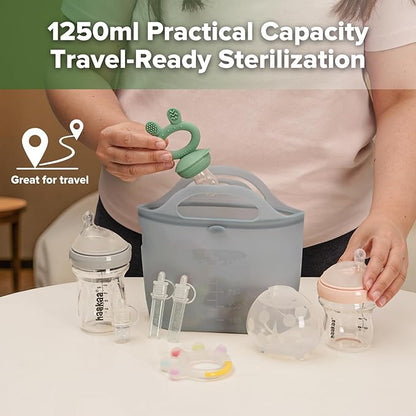 Haakaa On-The-Go Silicone Microwave Steam Sterilizer Bags for Travel, 40oz/1250ml Reusable Silicone Steaming Bags for Baby Bottles, Breast Pump, Accessories, Pacifiers, Teethers,Grey/1PC
